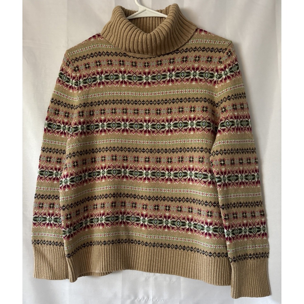 Lands End Women's Cotton Wool Blend Turtleneck Sweater Fair Isle Sz LP 14-16